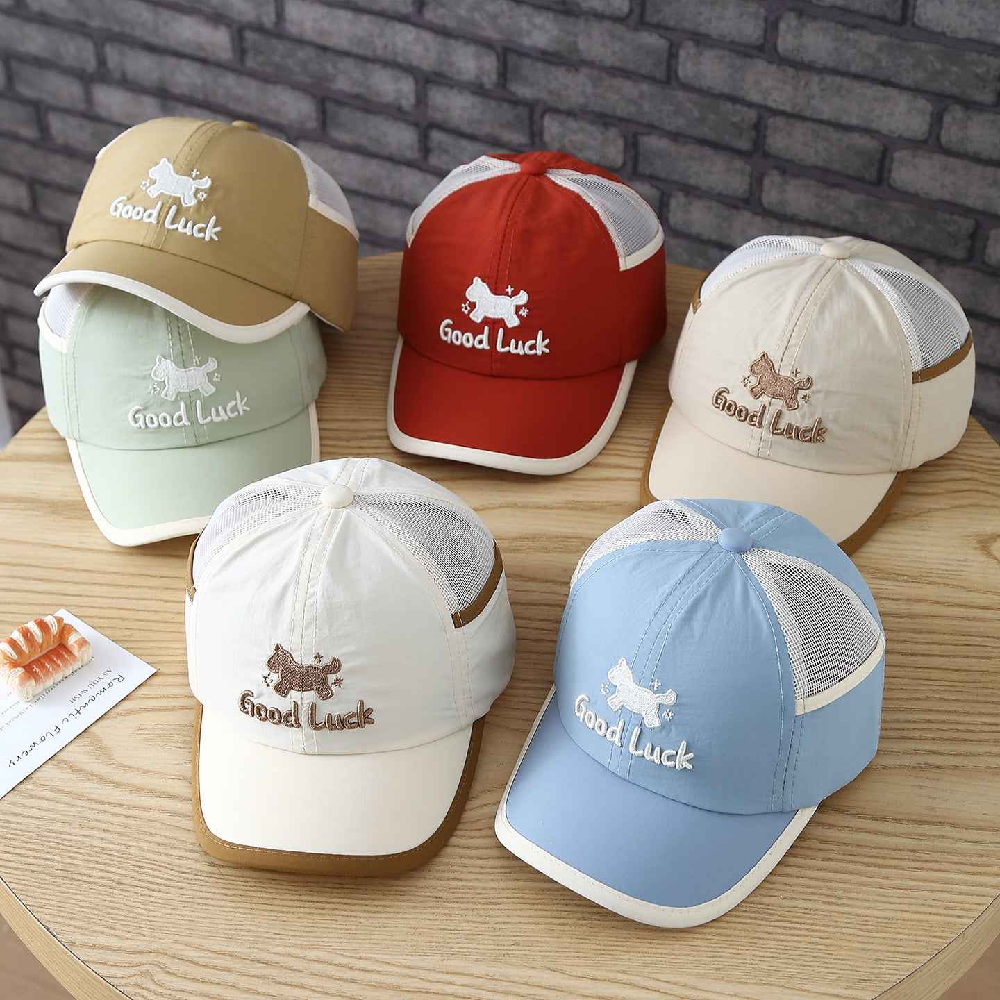 Blue kids Good Luck dog embroidered mesh cap