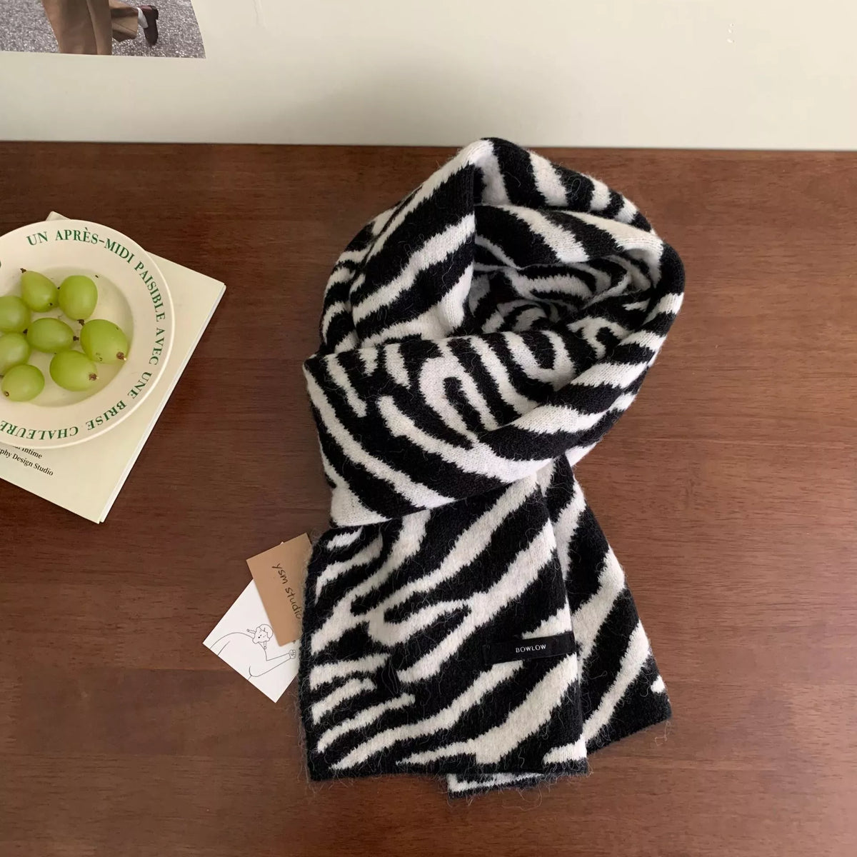 Unisex Animal Print Wool Scarf — black and white zebra stripe scarf in a loose knot