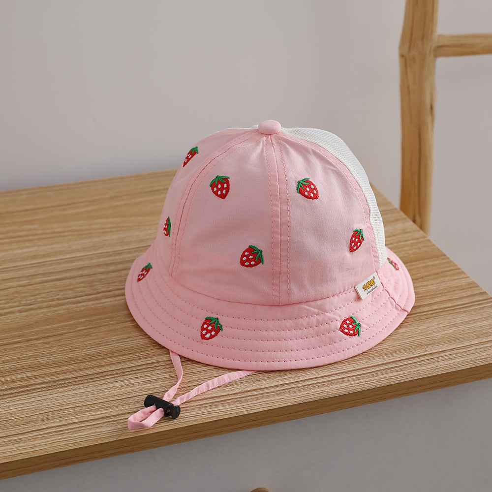 Kids Pink Strawberry Embroidered Mesh Bucket Sun hat side angle