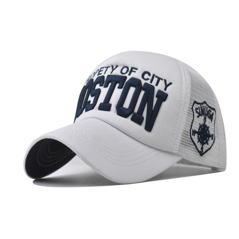 White Boston embroidered trucker cap with dark curved brim