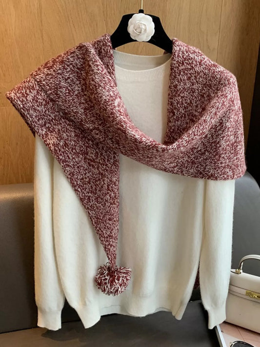 Women's Wool Pom-Pom Shawl — coral shawl draped open over both shoulders