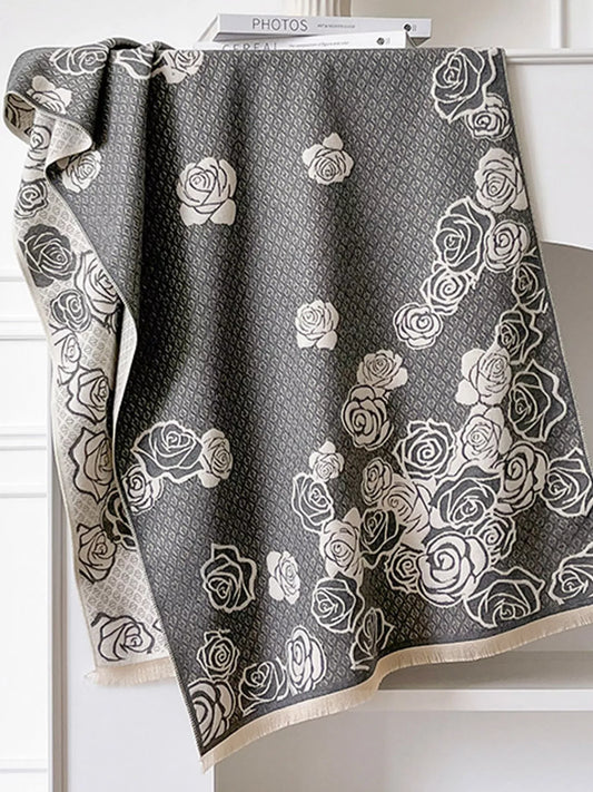 Women's Rose Pattern Warm Scarf in Black - styled detail 2