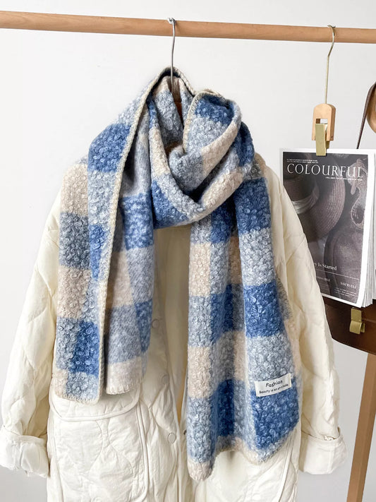 Unisex Textured Plaid Knit Scarf — blue checked scarf worn with long ends forward