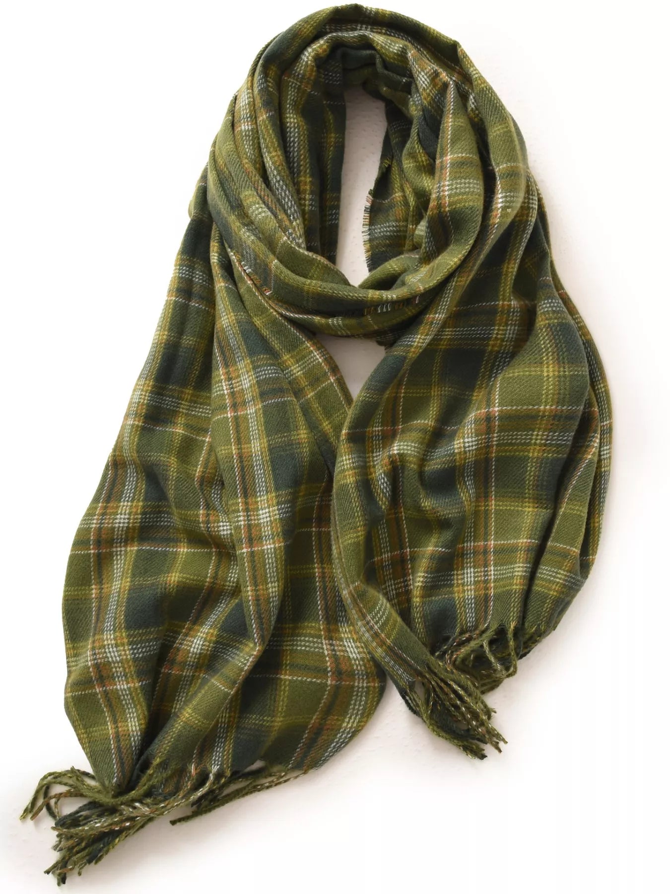 Unisex Oversized Classic Plaid Fringe Scarf in Caramel - draped view 4