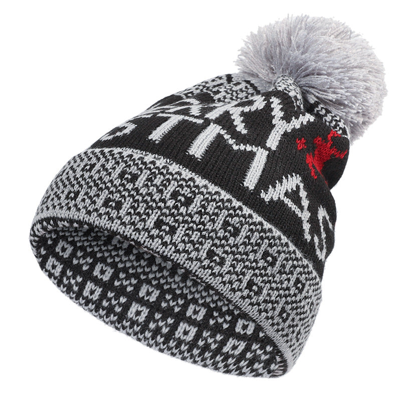 Unisex Nordic Pattern Pom Pom Beanie – Cotton Knit Winter Hat - Wine Red back view