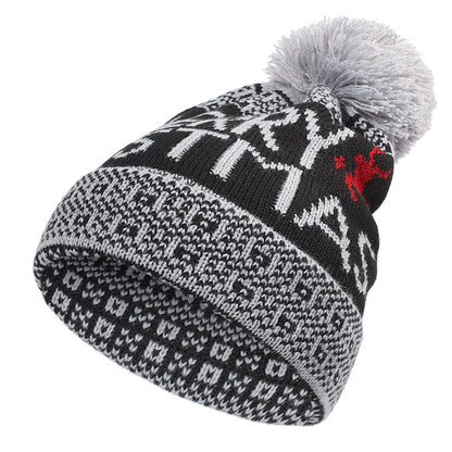 Unisex Nordic Pattern Pom Pom Beanie – Cotton Knit Winter Hat - Wine Red back view