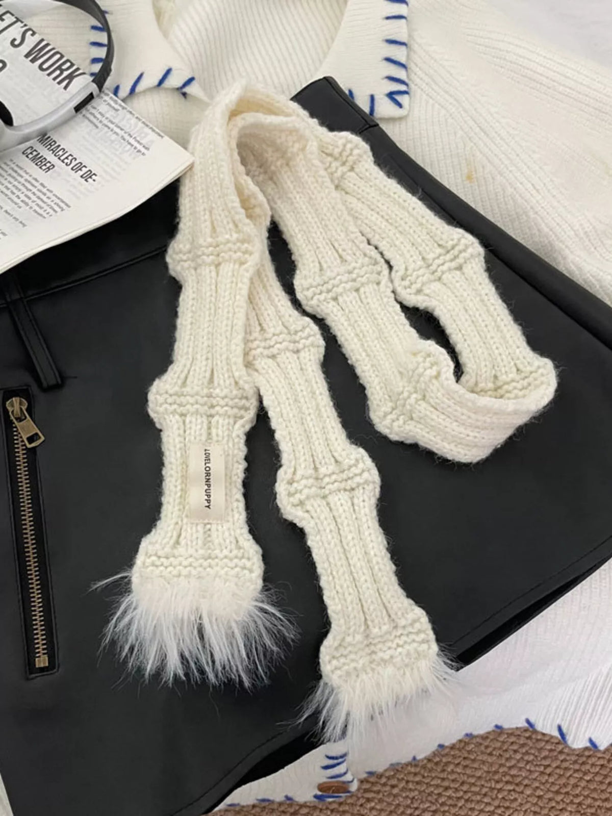 Unisex Plush-Tip Skinny Knit Scarf — white skinny scarf displayed with long narrow ends