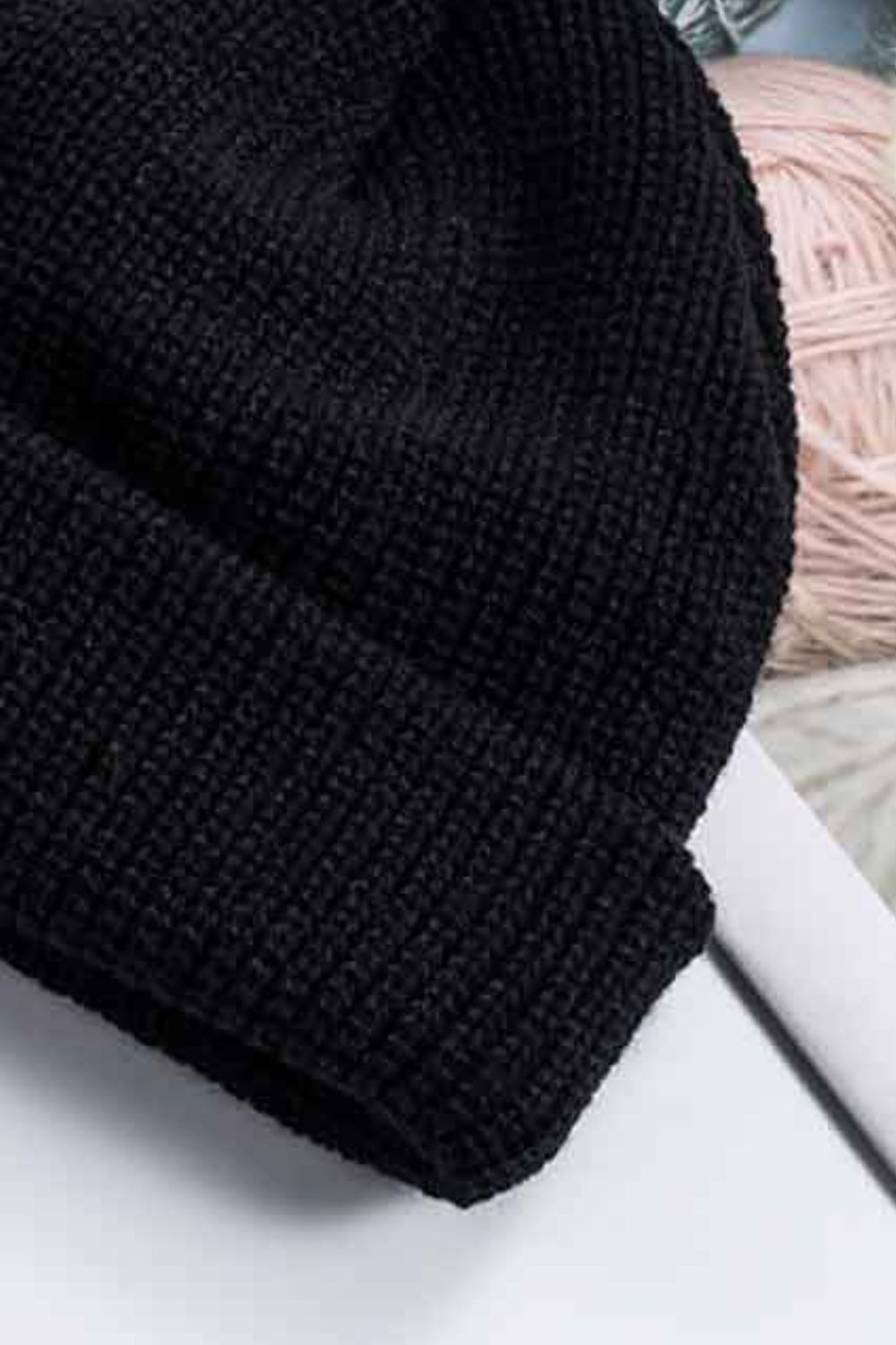 One size rib-knit beanie folded brim close-up