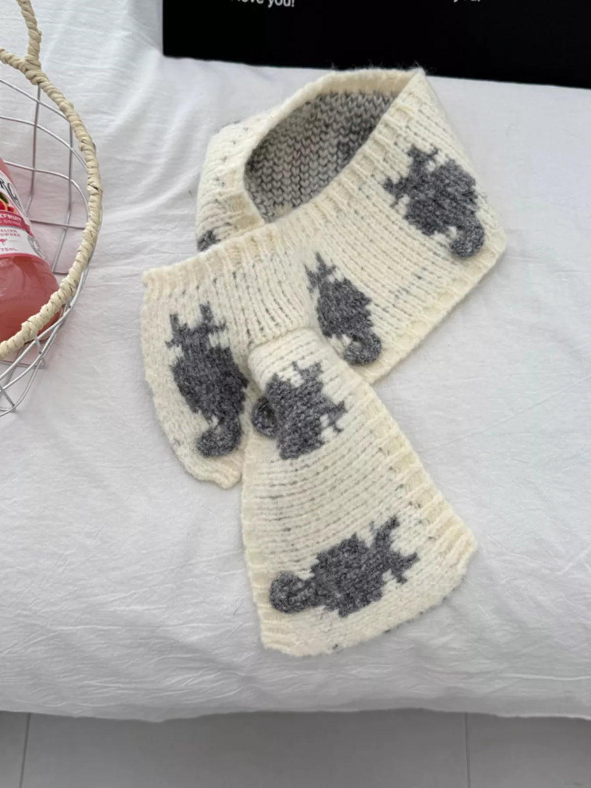 Unisex Short Cat Motif Scarf — off-white scarf showing gray cat motif pattern