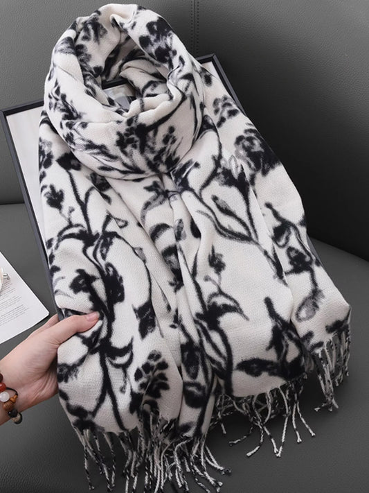 Women's Floral Print Scarf with Fringe Detail in White - front view 1