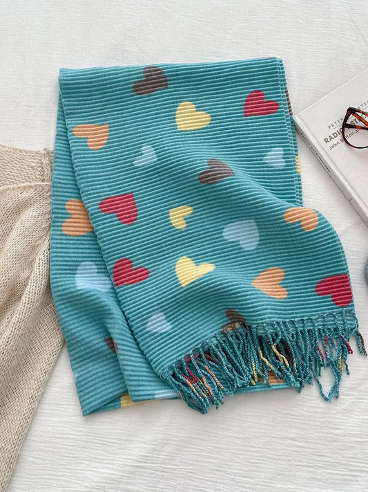 Women's Heart Patterned Tassel Scarf in Sage - front view 1