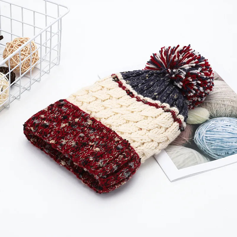 Unisex Contrast Knit Pom Pom Beanie - Beige side angle