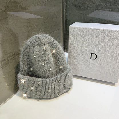 Women's Rhinestone Studded Knit Autumn-Winter Beanie — gray embellished knit beanie with turned cuff