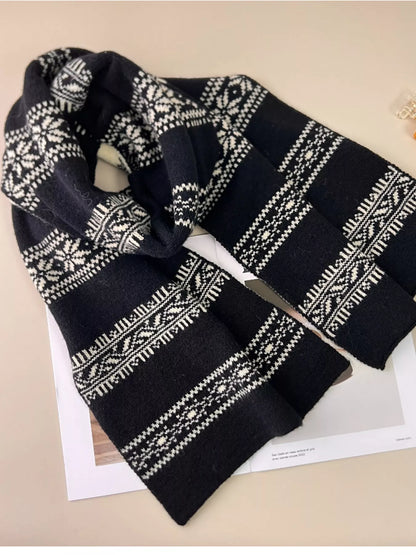 Unisex Winter Snowflake Pattern Knitted Scarf — black scarf unfolded to show snowflake bands