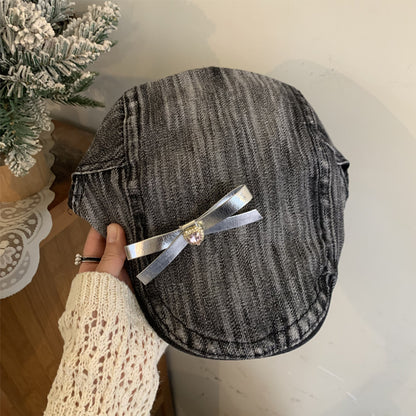 Womens vintage denim newsboy cap with bow - product photo 6