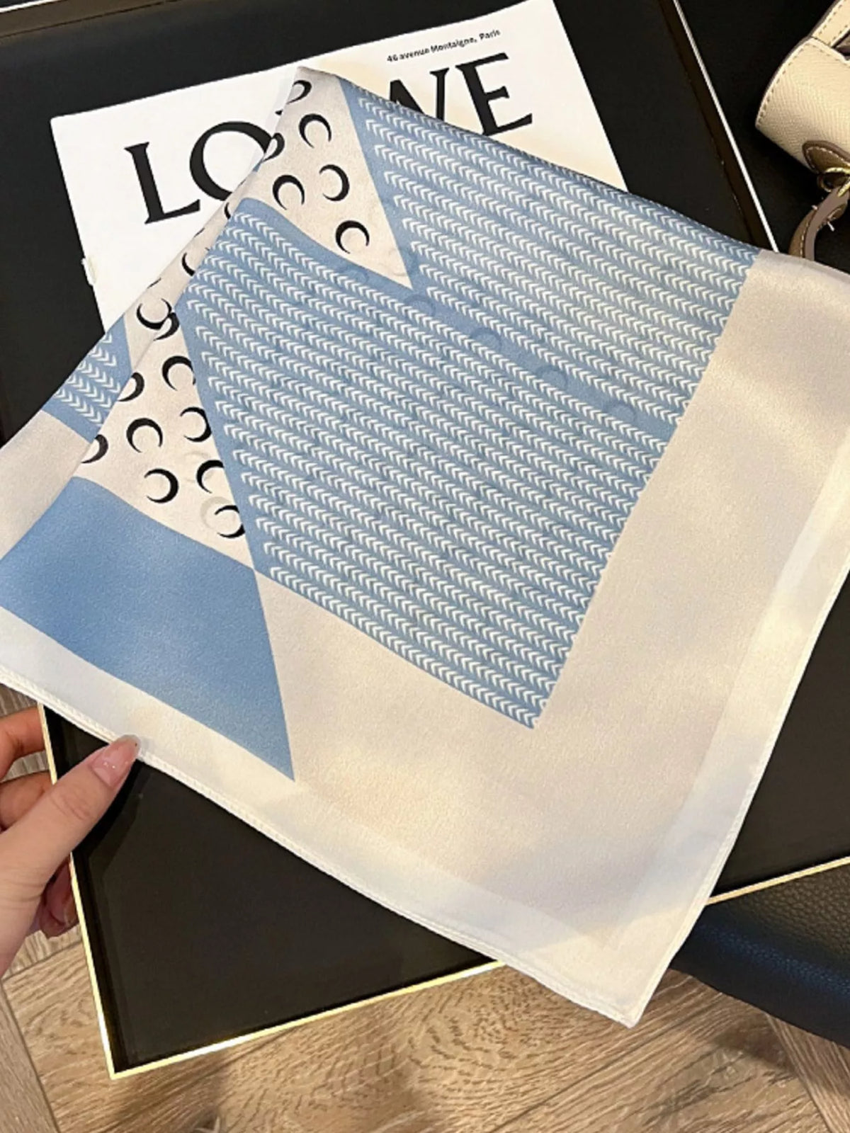 Unisex Printed Silk Square Scarf — square scarf unfolded to show stripes and curved motifs