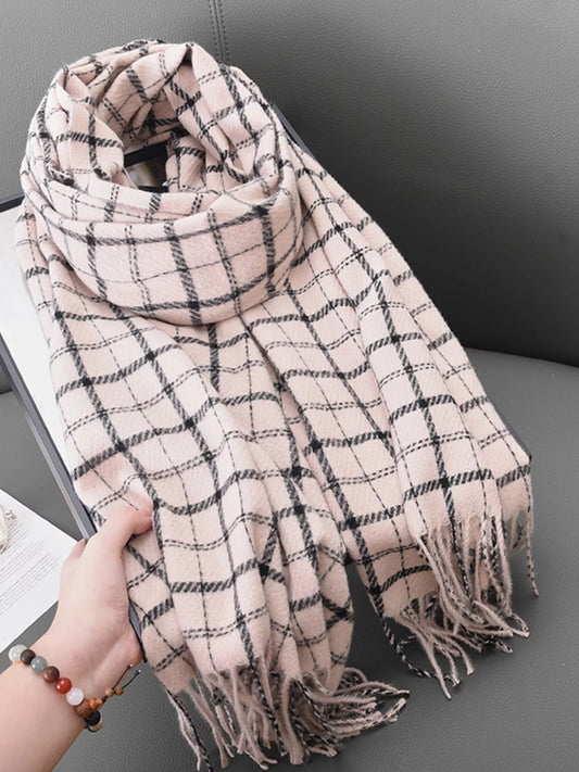 Unisex Lightweight Classic Plaid Fringe Scarf in Light Pink - front view 1