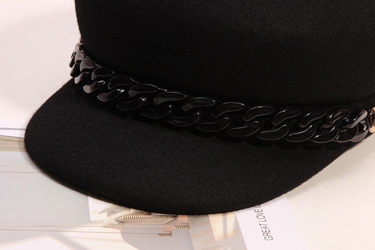 Grey chain-detail baker boy cap product angle