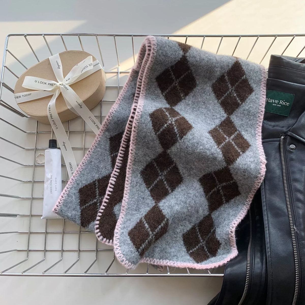 Unisex Argyle Pattern Warm Scarf — dark gray scarf showing brown diamond motifs