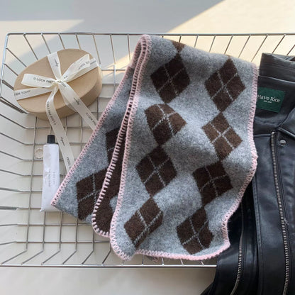 Unisex Argyle Pattern Warm Scarf — dark gray scarf showing brown diamond motifs