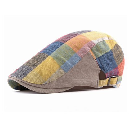Unisex plaid cotton linen flat cap - product photo 3