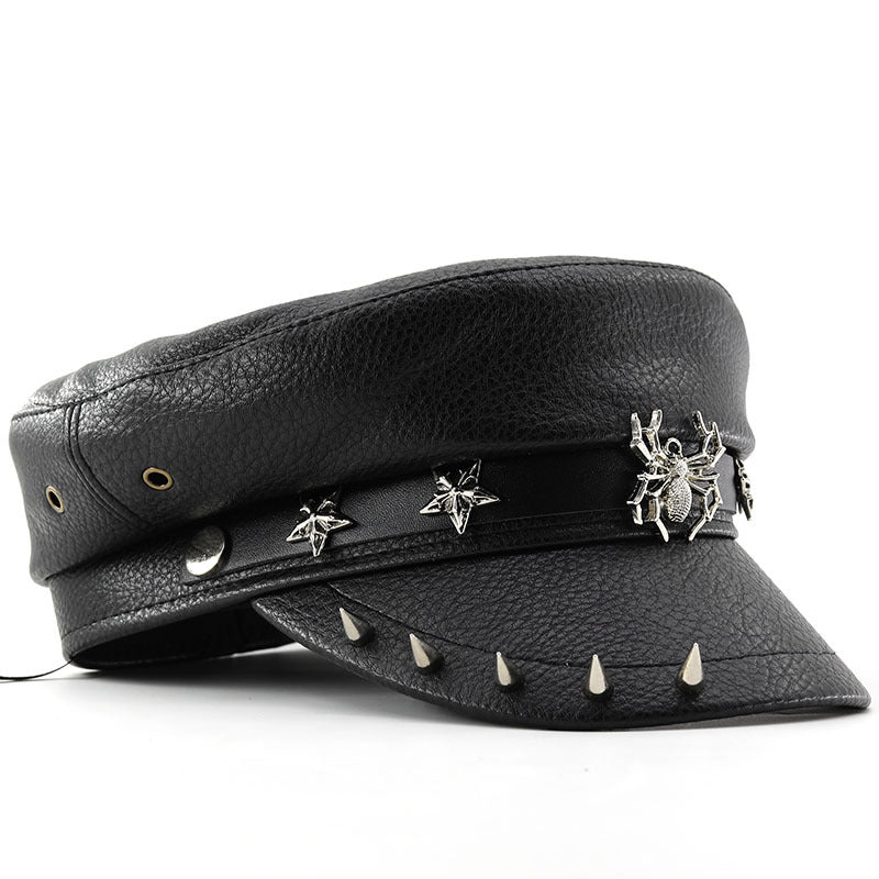 Unisex Black PU Leather Skull Punk Peaked Cap - Black texture close-up