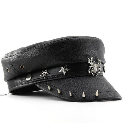 Unisex Black PU Leather Skull Punk Peaked Cap - Black texture close-up