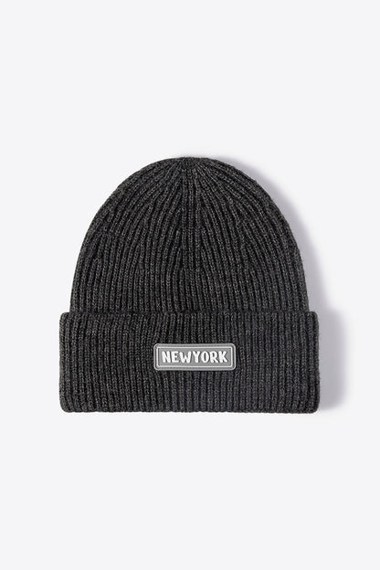 Beige rib-knit NEWYORK patch beanie front