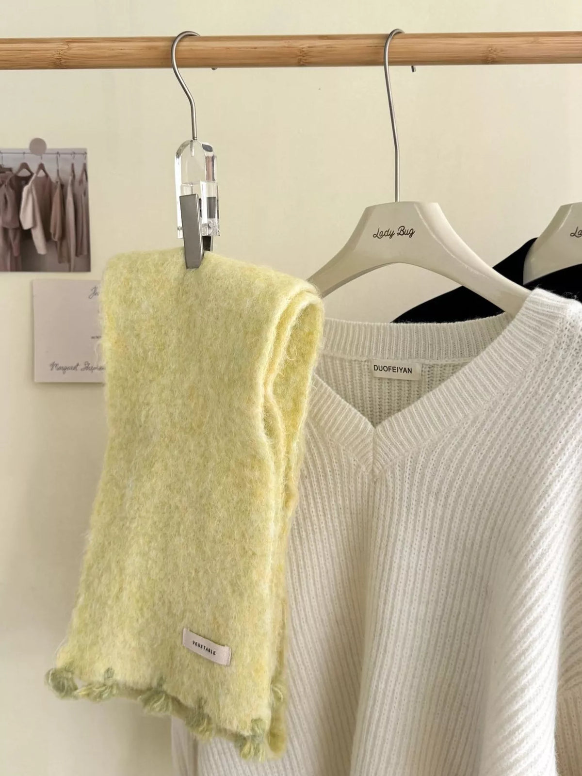 Unisex Tassel Knitted Scarf — yellow scarf worn open with an end hanging long