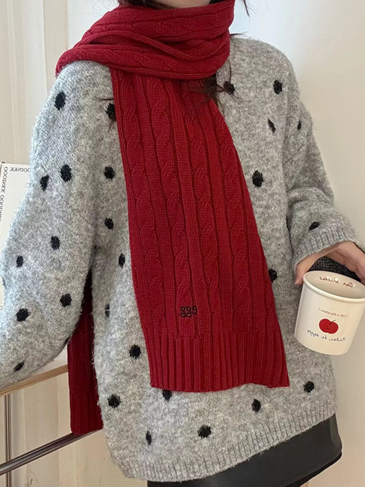 Unisex Cable Rib Winter Scarf — red scarf worn long with a gray cardigan