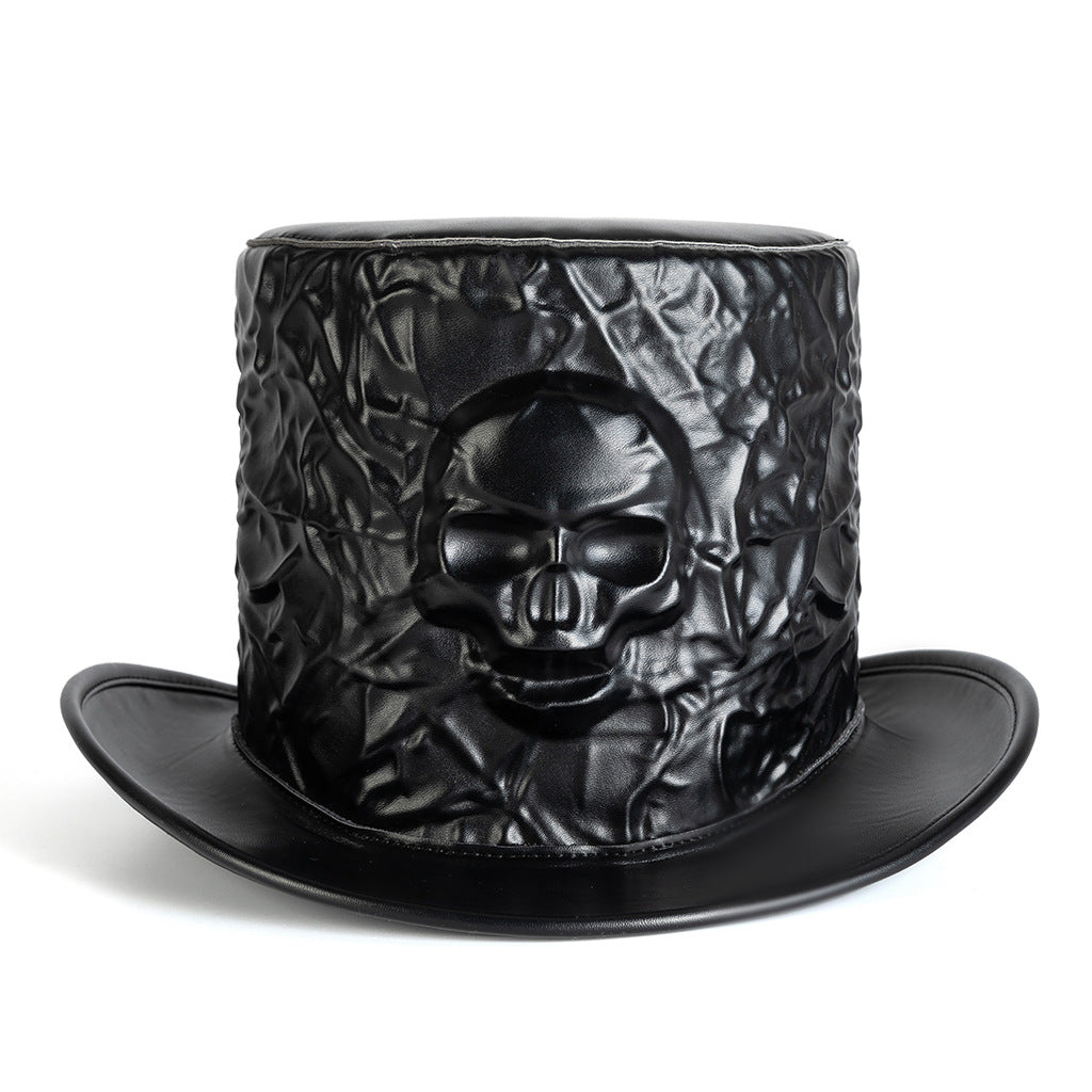 Unisex Gothic Skull PU Leather Top Hat - Black texture close-up
