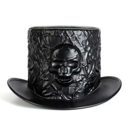 Unisex Gothic Skull PU Leather Top Hat - Black texture close-up