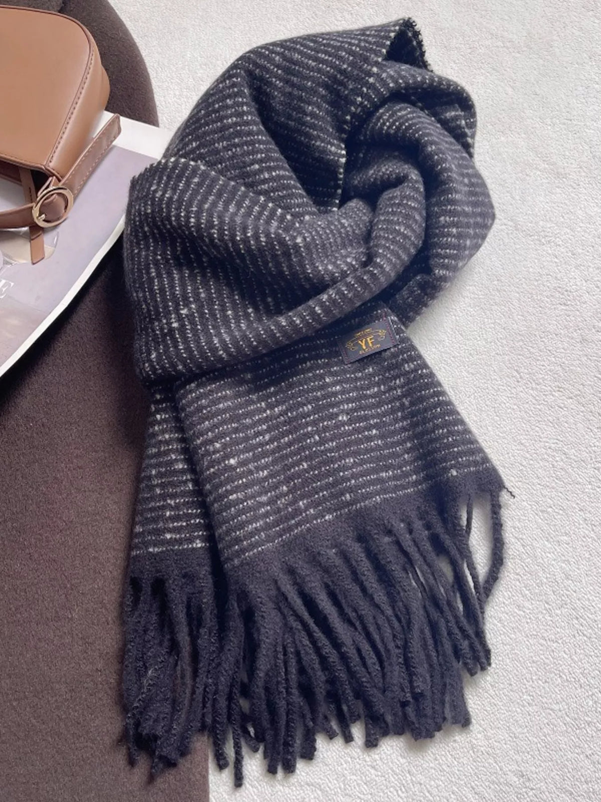 Unisex Warm Striped Tassel Scarf — dark striped scarf with long dark fringe