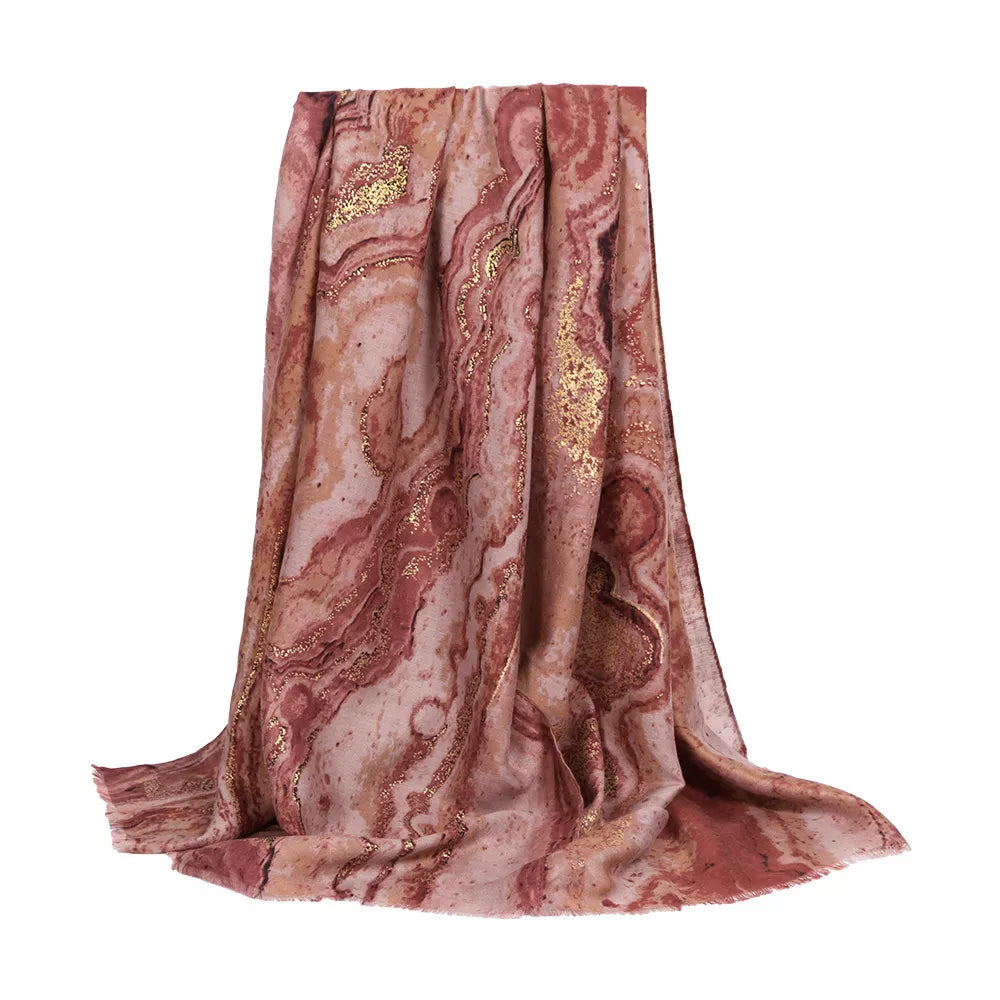 Unisex Marble Print Foil Scarf — red marble print scarf displayed at full length