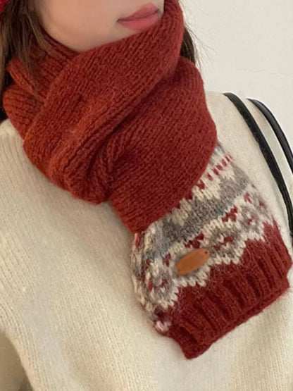 Unisex Nordic Motif Knit Scarf — red scarf styled with the patterned end forward