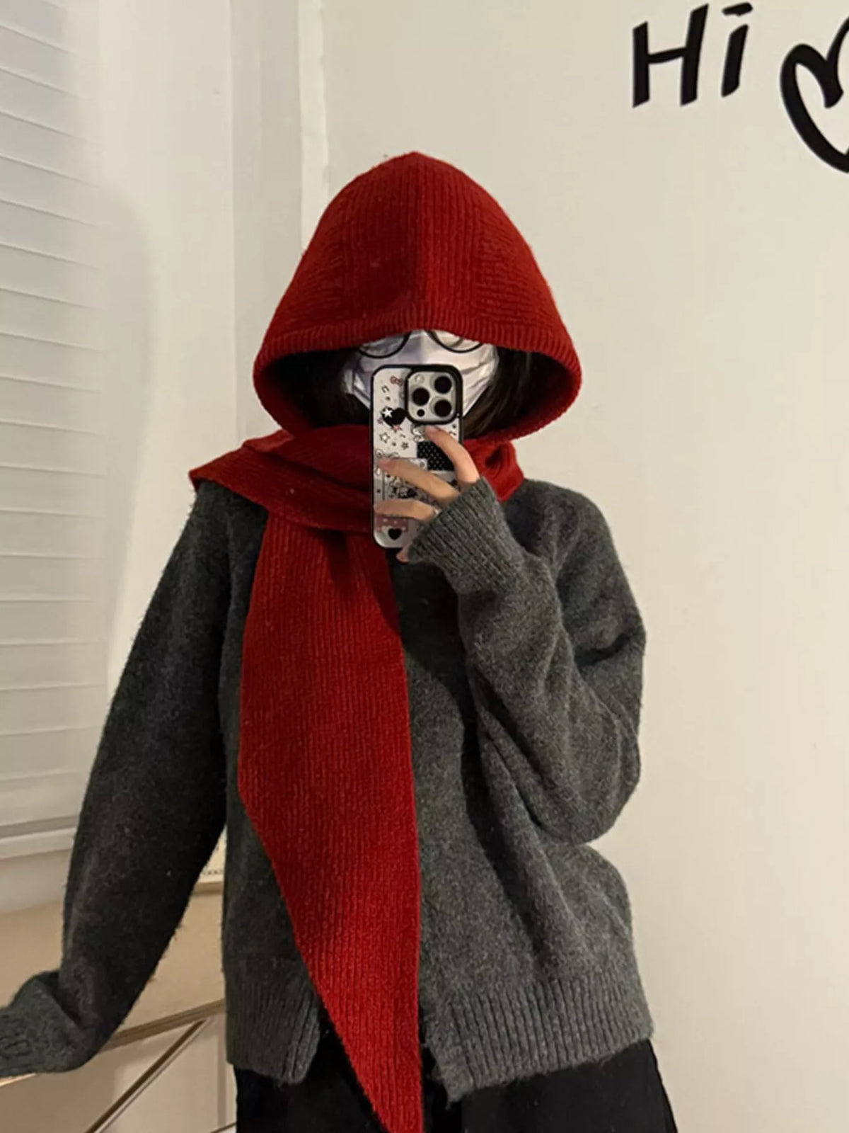 Unisex Hooded Knit Neck Scarf — red hood scarf loosely tied at the neck