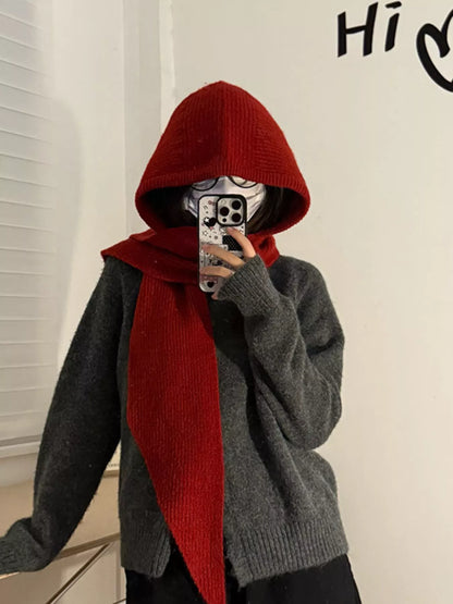 Unisex Hooded Knit Neck Scarf — red hood scarf loosely tied at the neck