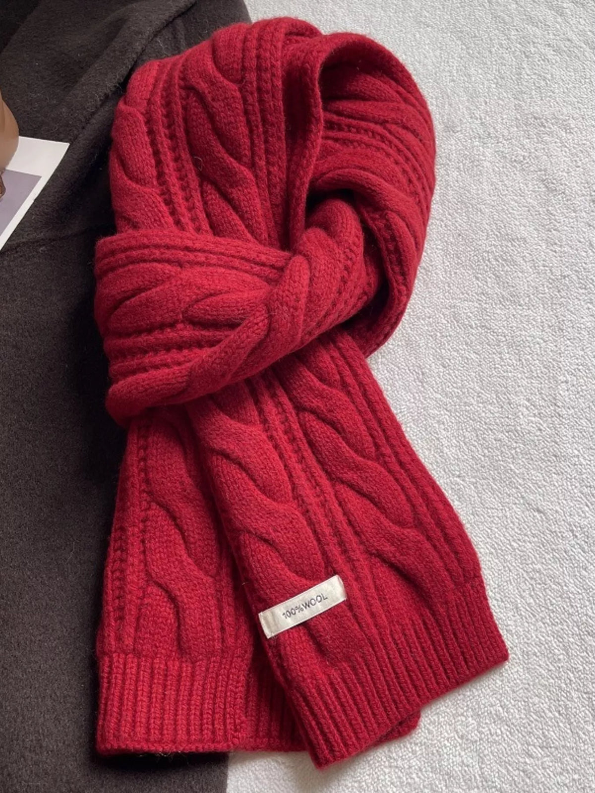 Unisex Wool Cable Knit Winter Scarf — red wool cable scarf showing both ends