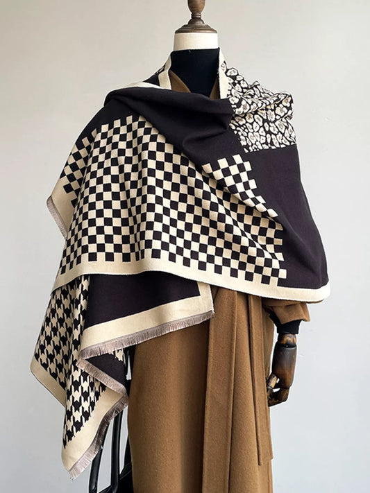 Unisex Checkered Raw Hem Scarf in Black And White - front view 1
