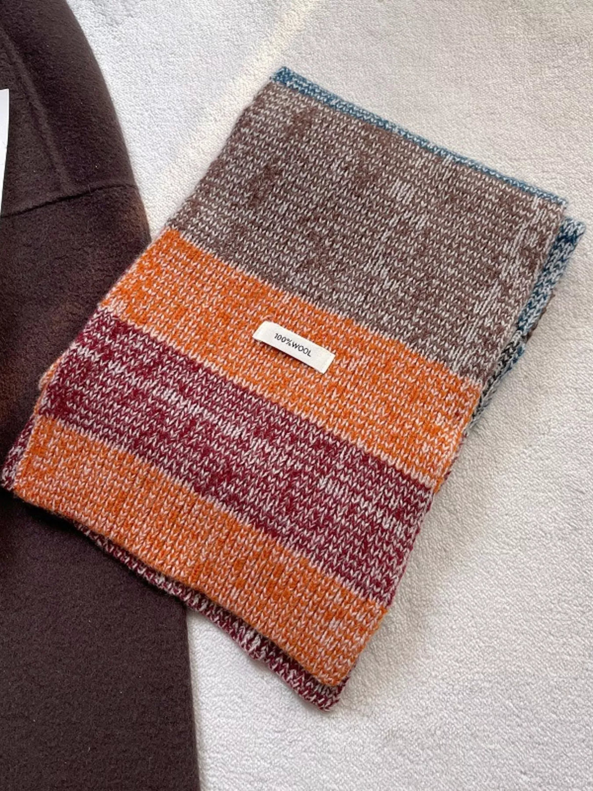 Unisex 100% Wool Color Block Knitted Scarf — folded color block scarf showing knit texture