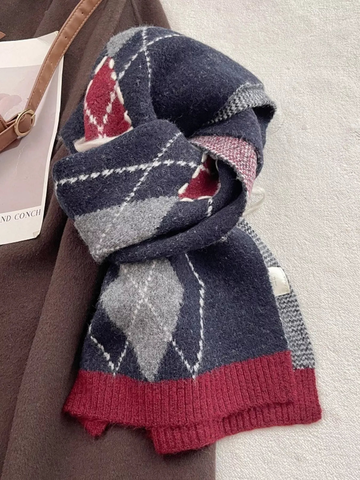 Unisex Classic Argyle Knitted Winter Scarf — navy argyle scarf showing pale diamond outlines