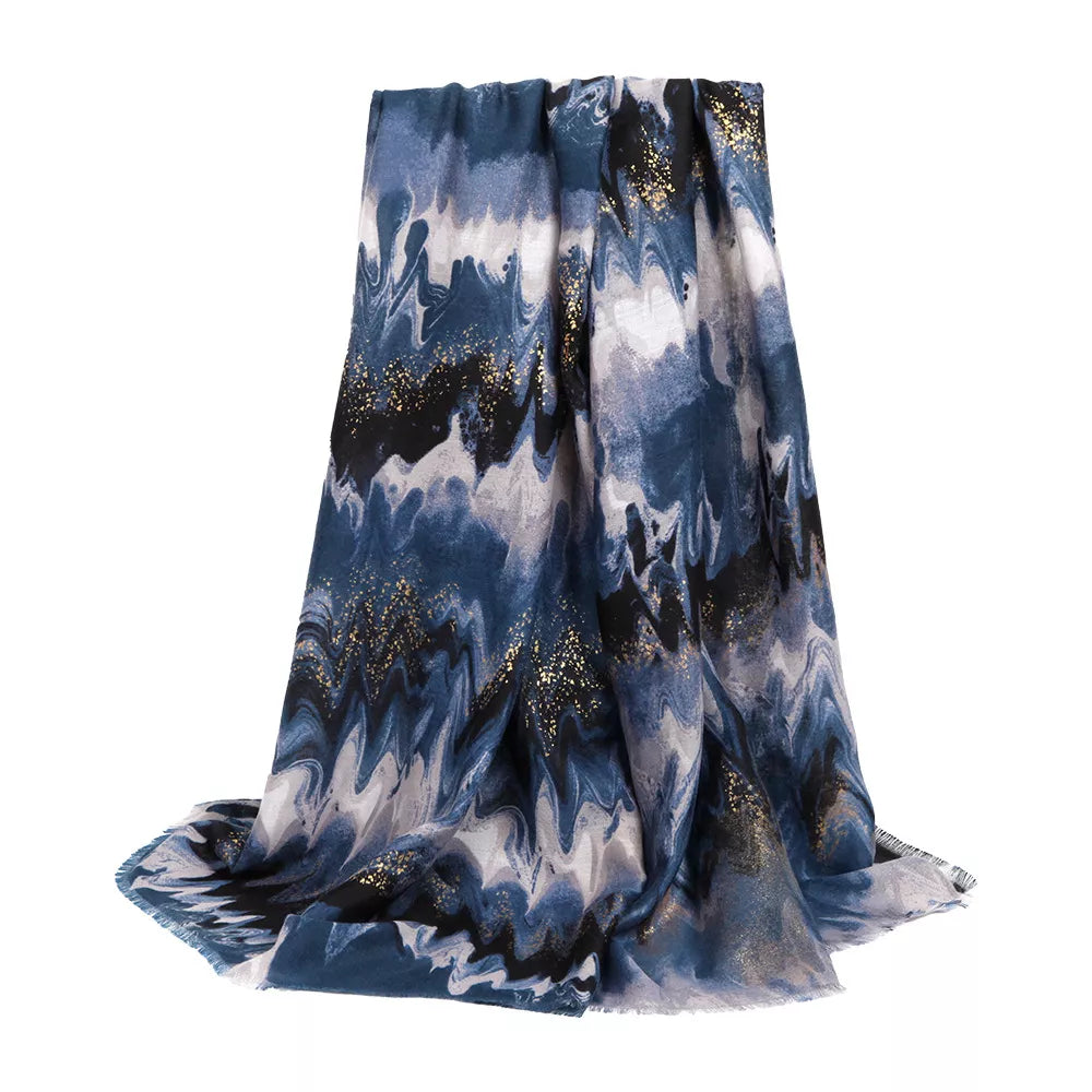 Unisex Abstract Print Lightweight Fashion Scarf — blue and dark abstract scarf shown at full length