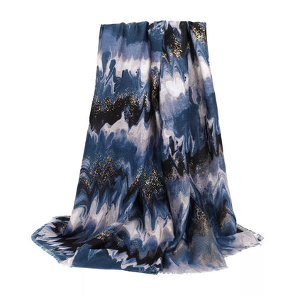 Unisex Abstract Print Lightweight Fashion Scarf — blue and dark abstract scarf shown at full length