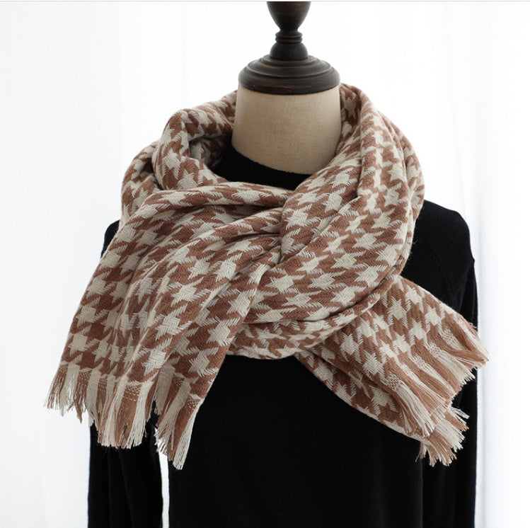 Women's Yellow Houndstooth Cashmere-Feel Fringe Scarf back detail