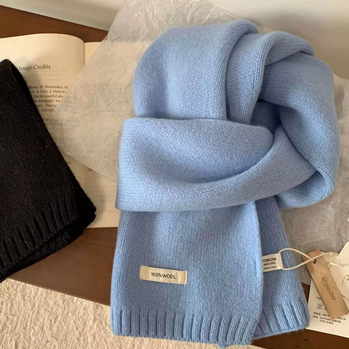 Unisex Warm Knitted Scarf — light blue-toned wool scarf with ribbed ends