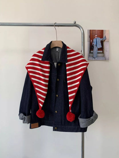 Unisex Striped Knitted Scarf with Pom-Poms — red stripe scarf draped long over a jacket