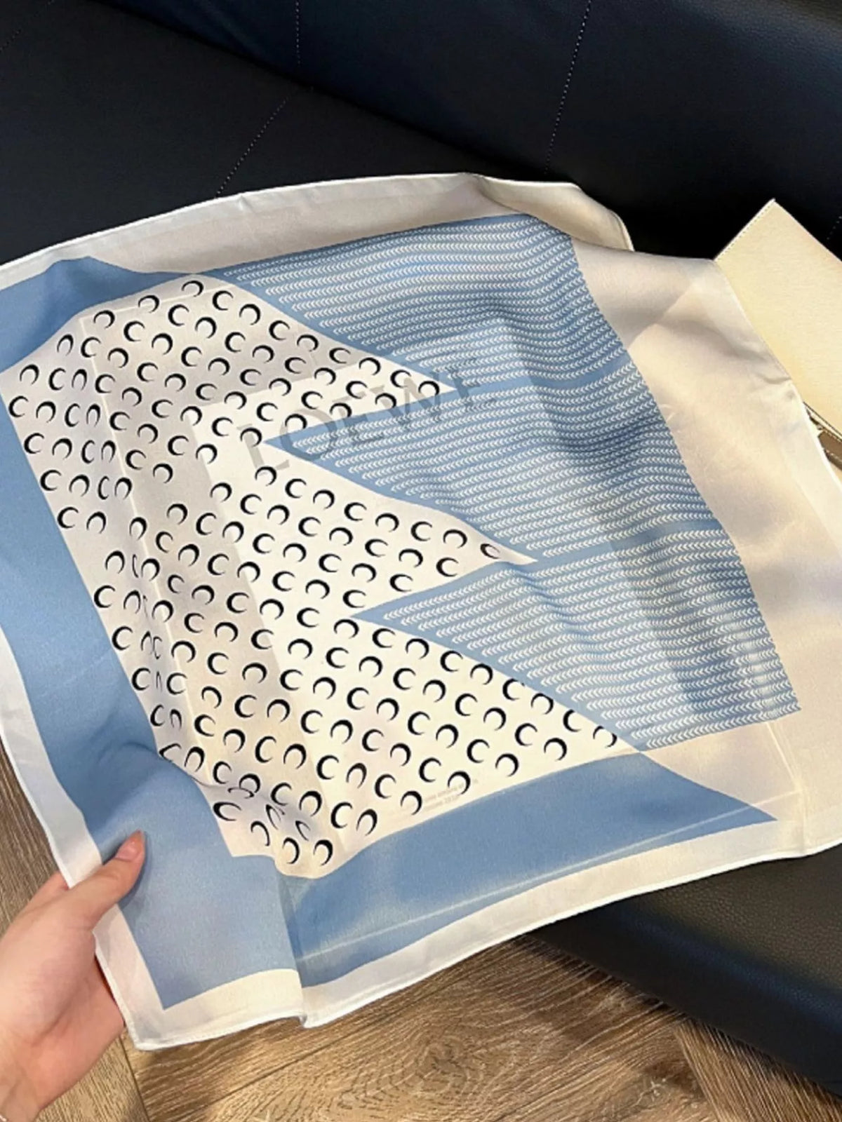 Unisex Printed Silk Square Scarf — close view of pale blue stripes and small repeating motifs