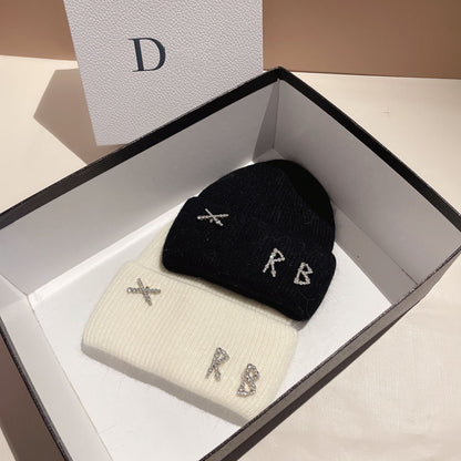 Women's Rhinestone Embellished RB Letter Knit Winter Beanie — white and black beanies with letter details