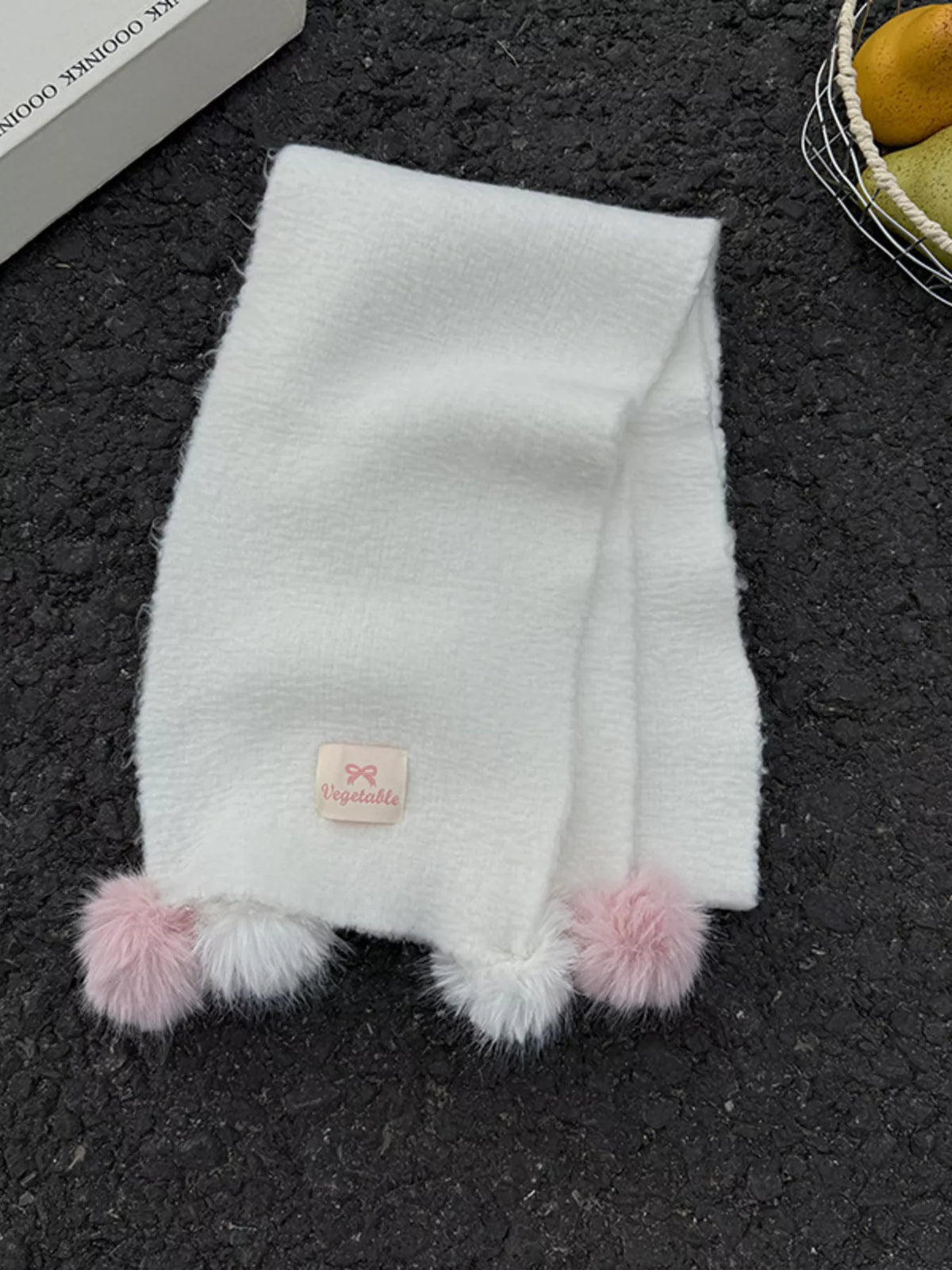 Unisex Pastel Pom-Pom Scarf — white scarf finished with pink and pale rounded tips
