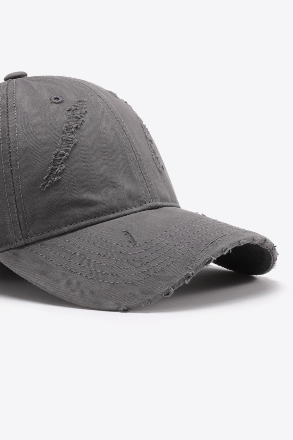 Distressed baseball cap crown shape detail